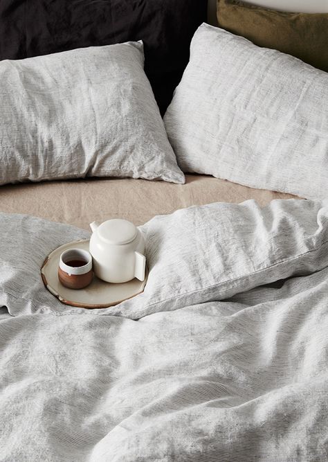 TDC: CULTIVER introduces Pinstripe |  Styling by Alana Langan, Photography by Annette O'Brien Linen Photography, Bed Photography, Modern Luxury Bed, Comfy Beds, Where To Buy Bedding, Loft Interior, Natural Bedding, Linen Bed, Bed Linen Design