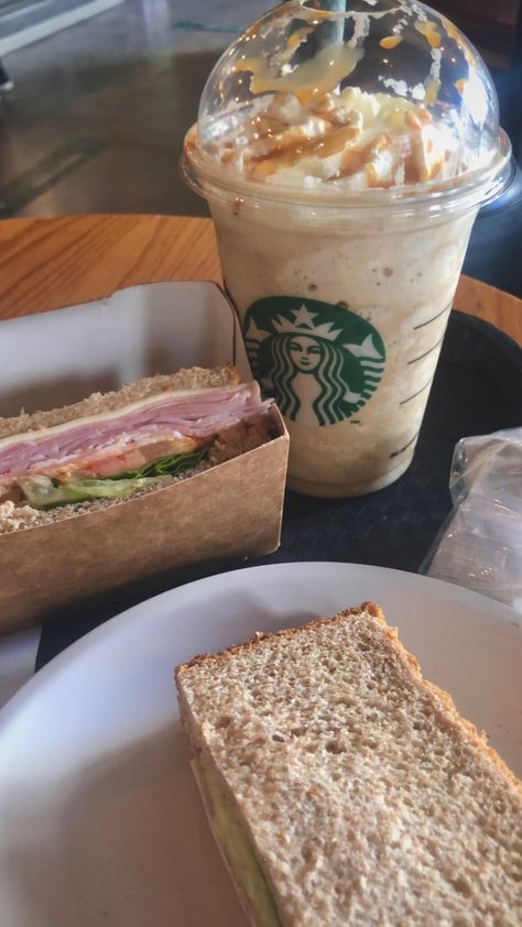 starbucks, sandwich, caramel, frappuccino, study break Coffee And Sandwich, Starbucks Lunch, Starbucks Sandwiches, Twisted Hate, Caramel Frappuccino, Banknotes Money, Study Break, Winter Ideas, Starbucks Recipes