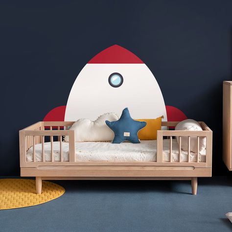 Rocket Room Space Theme, Rocket Ship Bedroom, Rocket Ship Bed, Outer Space Bedroom Boys, Toddler Space Bedroom, Boy Space Bedroom, Space Toddler Room, Space Room For Boys, Toddler Space Room