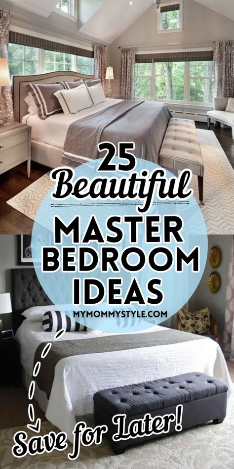 25 beautiful master bedroom ideas; one gray master bedroom on the top and one blue gray idea on the bottom Bedroom Ideas Farmhouse, Bedroom Inspirations Master, Beautiful Bedrooms Master, Bedroom Trends, Couple Bedroom, Mommy Style, Bedroom Layouts, Master Bedding, Master Bedrooms Decor