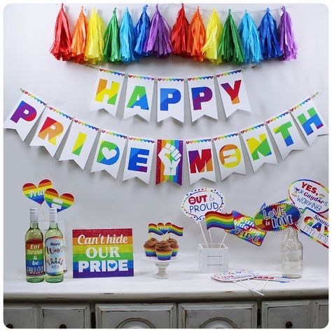 Theme Print Party FREEBIE! Pride month Party Printable decorations available in our online shop absolutely FREE! Go to our website, then FREEBIES, HOLIDAYS and click the Pride month and just download for $0. Pride Decorations Office, Pride Office Decorations, Pride Month Display, Pride Event Decor, Pride Decorations Ideas, Pride Month Decorations, Pride Party Ideas, Pride Party Decorations, Pride Month Party