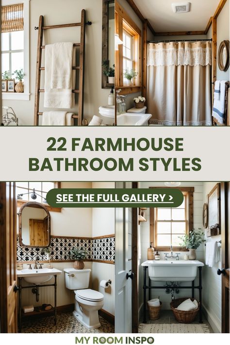 Explore 22 diverse farmhouses bathroom styles through 4 stunning images. Discover how to mix vintage looks with practical features and make your bathroom feel cozy and stylish. Bakers Rack Bathroom Ideas, Industrial Farmhouse Bathrooms, Farmhouse Bathroom Shower Curtain Ideas, Farmhouse Bathroom Pictures, Cozy Farmhouse Bathroom Ideas, Cozy Vintage Bathroom, Vintage Cottage Bathroom Ideas, White Farmhouse Bathroom Ideas, Bohemian Farmhouse Bathroom