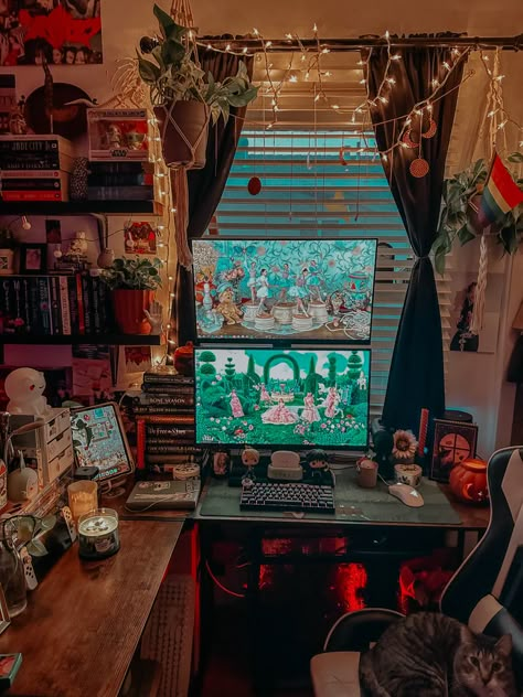 cozy desk decor red velvet and books Small Room Computer Desk Ideas, Christmas Pc Setup, Cozy Computer Desk, Maximalist Pc Setup, Emo Gaming Setup, Red Pc Setup, Christmas Gaming Setup, Cosy Desk Setup, Red Gaming Setup