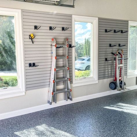 Dark Gray Garage Walls, Garage Slat Wall Organization, Proslat Garage Ideas, Garage Wall Colors, Garage Wall Storage Ideas, Garage Painting Ideas, Garage Wall Design, Finished Garage Ideas, Garage Slat Wall