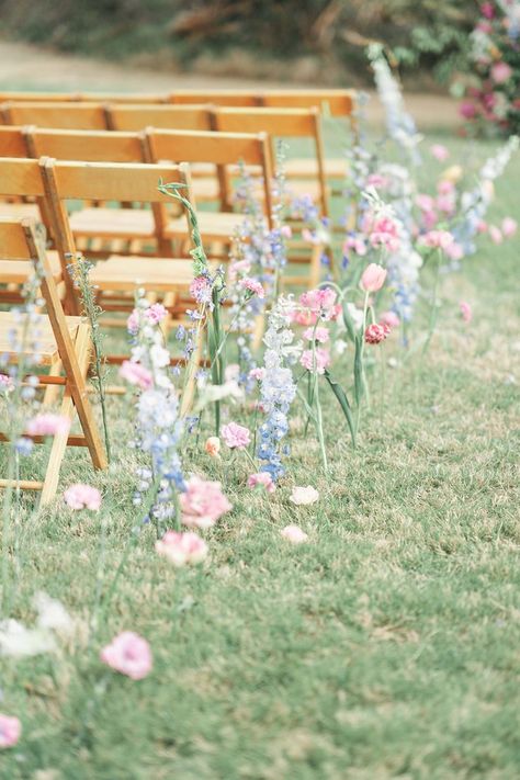 Runner Flowers Wedding, Whimsical Garden Wedding Aisle, Growing Aisle Flowers, Non Floral Aisle Decor, Floral Wedding Ceremony Decor, Whimsical Aisle Decor, Floral Garden Wedding Theme, Flowers In The Ground Wedding, Walkway Flowers Wedding