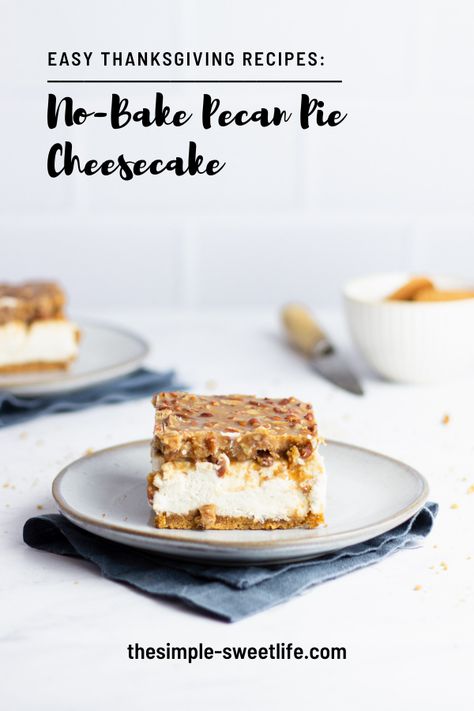 These easy no-bake pecan pie cheesecake bars are the one dessert you need at your table this Thanksgiving. With a crisp caramel and pecan topping, a tangy cheesecake filling and a spicy gingersnap crust, this recipe is every bit as delicious as it is a snap to make! #cheesecake #pecanpie #cakerecipes Pecan Pie Cheesecake Bars, Make Cheesecake, Pecan Topping, Pecan Pie Cheesecake, Pecan Cheesecake, Gingersnap Crust, Pie Cheesecake, Pecan Pie Bars, Cheesecake Filling