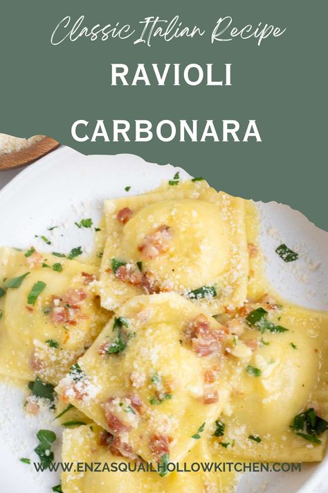 This Ravioli Carbonara recipe is a decadent dish that you can have on the table in less then 15 minutes! Delicious cheese ravioli are tossed in a rich and creamy classic Italian egg and cheese sauce. Authentic Italian Ravioli Recipes, Ravioli Carbonara Recipe, Homemade Cheese Ravioli Recipe, Ravioli Carbonara Olive Garden, Fresh Ravioli Recipe, Light Sauce For Ravioli, Ravioli Recipes Dinners, Ravioli Filling Ideas, Ravioli Recipe Filling