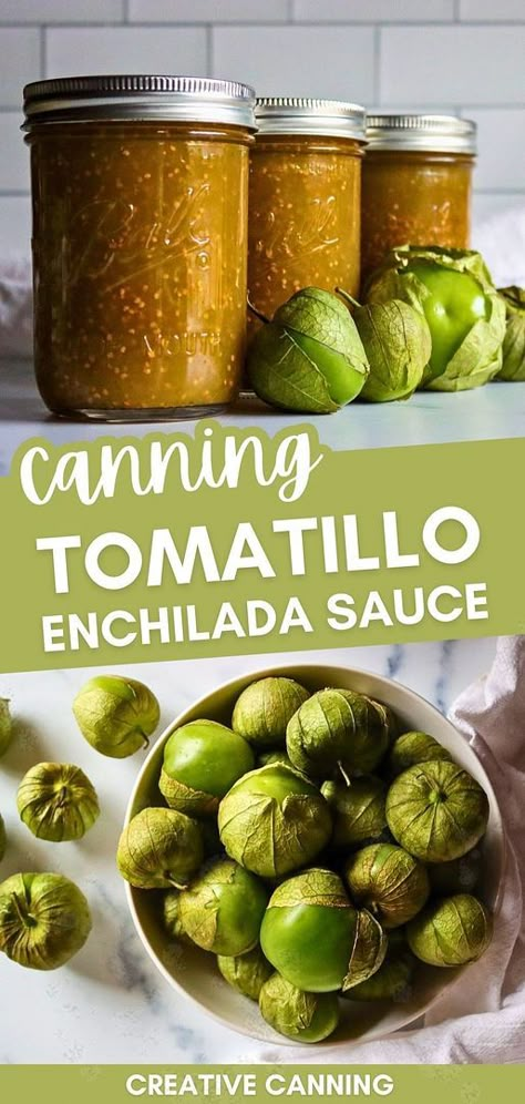 Canning tomatillo enchilada sauce is an easy way to use up a bumper crop of tomatillos. This canning recipe, made with fresh tomatillos, cilantro, garlic, cumin, red chile flakes, and yellow onion, lets you preserve it right on your pantry shelf. Serve with corn tortilla chips or atop enchiladas. Find more preserving food recipes, canning food preservation, home canning recipes, and Tomatillo Recipes for Canning & Canning Tomatillos at creativecanning.com. Water Bath Canning Enchilada Sauce, How To Can Tomatillos, Canning Tomatillo Salsa, Canning Recipes For Tomatillos, Yellow Tomatillo Recipes, Tomatillo Chutney Recipes, Uses For Tomatillos, Canned Tomatillo Salsa, Canning Enchilada Sauce Recipes