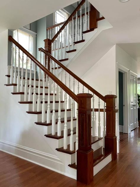 Pine Wood Staircase Railing, Wooden Staircase Balusters, Replacing Staircase Spindles, Traditional Wooden Staircase, Oak Staircase With Metal Spindles, Modern Wooden Doors, Stair Banister, Water Based Wood Stain, Stair Rods