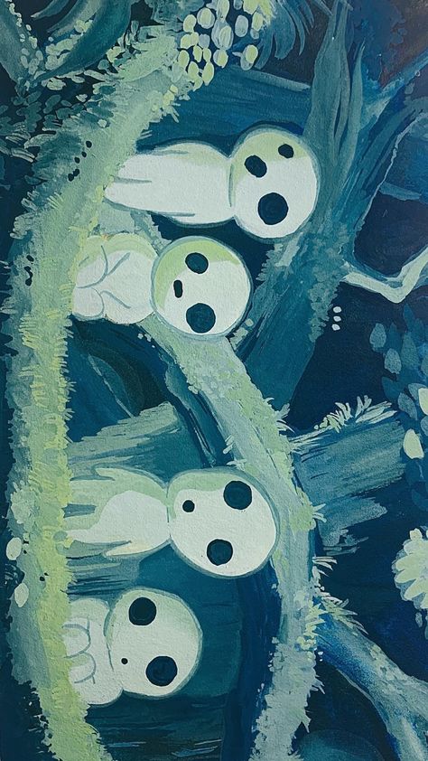 Studio Jibli Art, Princess Mononoke Watercolor, Studio Ghibli Spirits, Painting Ideas On Canvas Studio Ghibli, Studio Ghibli Art Painting, Gibli Painting Idea, Soot Sprite Painting, Painting Ideas Studio Ghibli, Studio Ghibli Forest Spirit