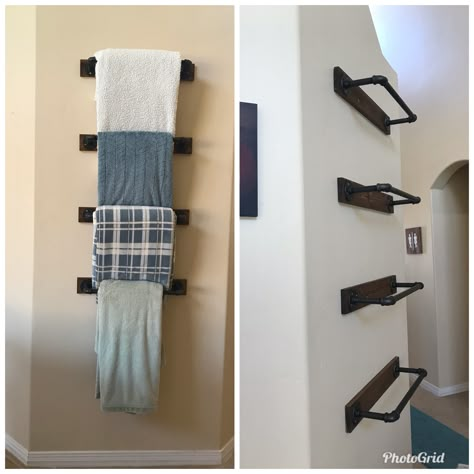 We loved our wooden blanket ladder but we wanted one more permanent. We attached wood pieces to the wall with dry wall anchors than attached the pipe directly to the wood. This prevented bigger holes in the wall from the flange attachment. We used 1/2 inch size piping, flange and elbow, 4.5 in pipe on the side and 18 in for the front pipe. #pipes #pipeladder #pipeshelves #homedecor #blanketladder #blanketstorage #piping #industrial #industrialdecor #industriallivingroom Metal Blanket Ladder On Wall, Diy Blanket Rack For Wall, Industrial Blanket Storage, Ways To Hang Blanket On Wall, Blanket Hanger On Wall, Blanket Wall, Wall Mounted Blanket Ladder, Wall Blanket Storage, Blanket Wall Rack Diy