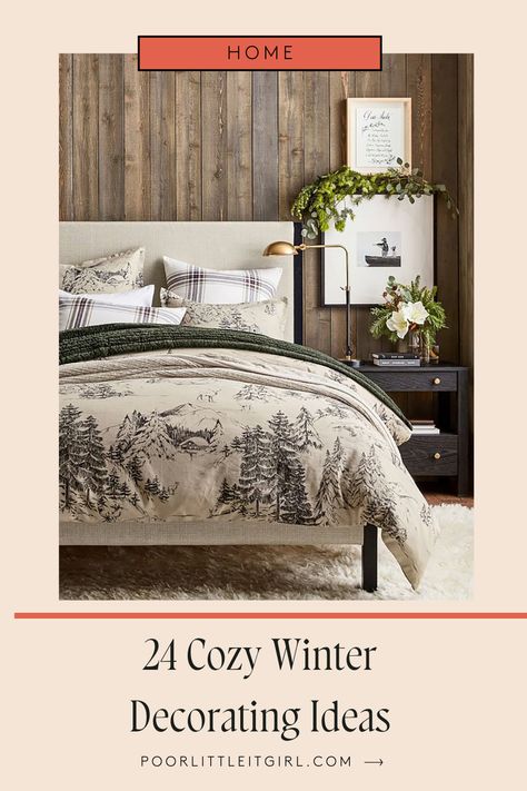 Find ways to make your home feel warm, cozy, and inviting during the winter season with a few updates to your decor. Poor Little It Girl shares 24 cozy winter decorating ideas that aren't red and green that you can implement now that will take you all through the cold weather months. Chalet Chic Bedroom, Forest Bedroom, Metal Canopy Bed, Linen Sheet Sets, Adjustable Mattress, Inspire Me Home Decor, Percale Sheets, Upholstered Panels, Metal Bed