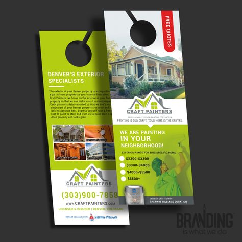 Print Design: Door Hanger for Denver’s Craft Painters – Denver Graphic Design & Printing | BRANDING IS WHAT WE DO Door Hanger Advertising, Door Hanger Design Marketing, Hvac Marketing, Door Hanger Design, Door Tag, Square Business Cards, Door Hanger Template, Design Door, Design Layouts