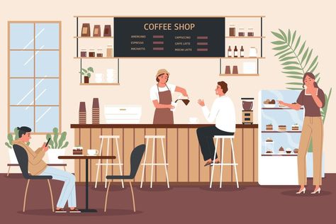 Cafe Animation, Coffee Shop Interior, Interior Design Sketchbook, Coffee Shop Branding, Factory Interior, Character Styles, Kids Cafe, Cafe Wall Art, Coffee Shop Interior Design