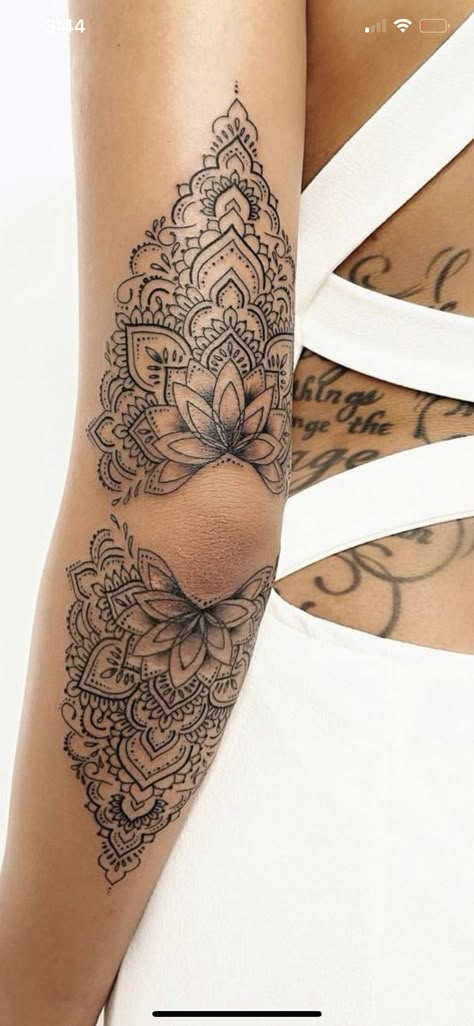 Feminine Tattoo Sleeves Mandalas, Mandela Tattoos Women, Lace Mandala Tattoo Back Pieces, Mandala Tattoo Around Elbow, Mandala Tattoo Female, Zen Tangle Tattoo, Forearm Tattoo Women Mandalas, Tattoo Ideas Unique For Women Leg, Mandala Tattoo Above Elbow