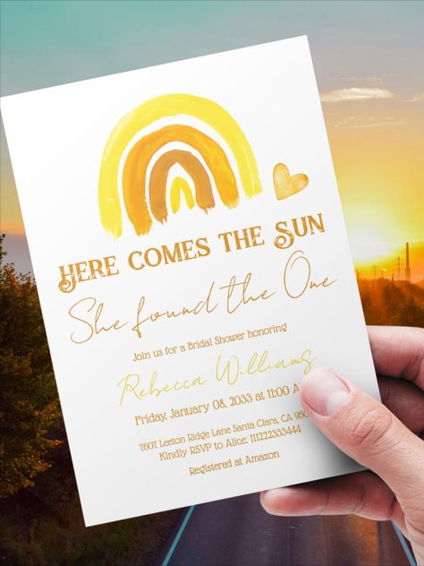 Watercolor painted boho rainbow and heart in Sunny yellow, burnt orange and copper colors themed bridal shower invitation with text " here comes the sun" and "she flound her one" you can personalize to your needs both texts. Perfect for summer bridal shower selebration. Matching items you can find in collection from my store PatternDigitPics. Sun Invitations, Shower Activities, Shower Black, Boho Bridal Shower Invitations, Bridal Shower Balloons, Bridal Shower Activities, Bridal Shower Backdrop, Bridal Shower Cookies, Summer Bridal Showers