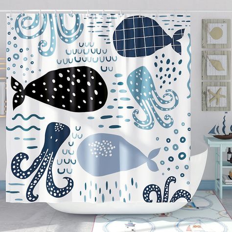 PRICES MAY VARY. 【List Accessories】Products include a kids shower curtain 72" x 72" and 12 plastic hooks, anti-rust metal rings, excluding shower curtain rod. 【HD Printing】This blue whale bath shower curtain using HD digital printing technology, the pattern is exquisite, washable, not easy to fade, the exquisite design of the product can keep you in a happy and relaxed mood while bathing. 【Multi-Scene】DESIHOM cartoon ocean shower curtain set can not only be used in the bathroom, but also as curt Cute Kids Bathroom, Kid Bathroom Ideas, Kids Ocean Bathroom, Ocean Cartoon, Whale Bathroom, Bathroom Cute, Ocean Themed Bathroom Shower Curtains, Fish Shower Curtain, Curtains For Bathroom