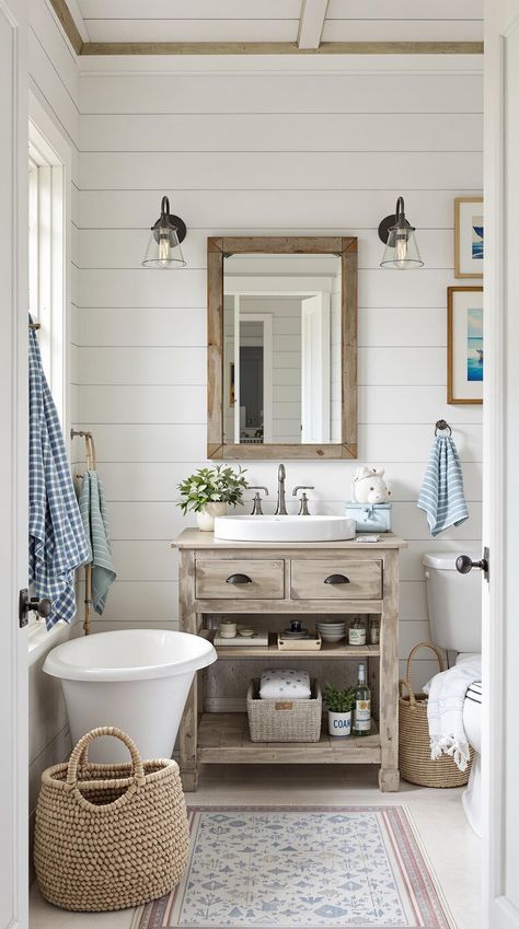 Coastal Bathroom Ideas Small Lake House Bathroom, Seaside Cottage Bathroom, Coastal Shiplap Bathroom, Small Lake House Bathroom Ideas, Lake House Home Decor, Small Beach House Bathroom, Beach Cottage Bathroom Ideas, Coastal Vibe Bathroom, Modern Nautical Bathroom