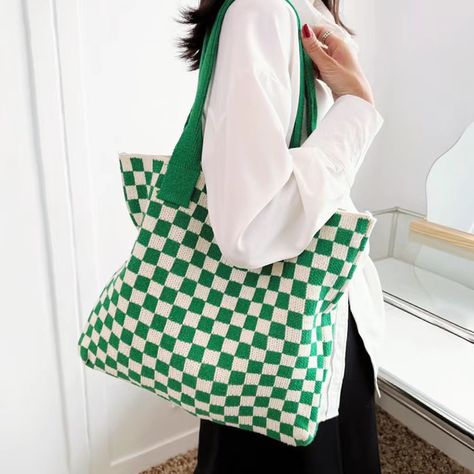 Work or play, our Checkered Knitted Tote Bag has your back! 🌟 Easy to carry your laptop, notebooks, and all your essentials in style. 👉Link in Bio. #KnittedBag #BagGoals #ToteBagLove #shopdehome #dehomebag Checkered Socks, Flower Scrunchie, Knitted Balaclava, Handbags For School, Knitting Tote Bag, Knitting Tote, Classic Scarf, Beg Tangan, Denim Tote Bags