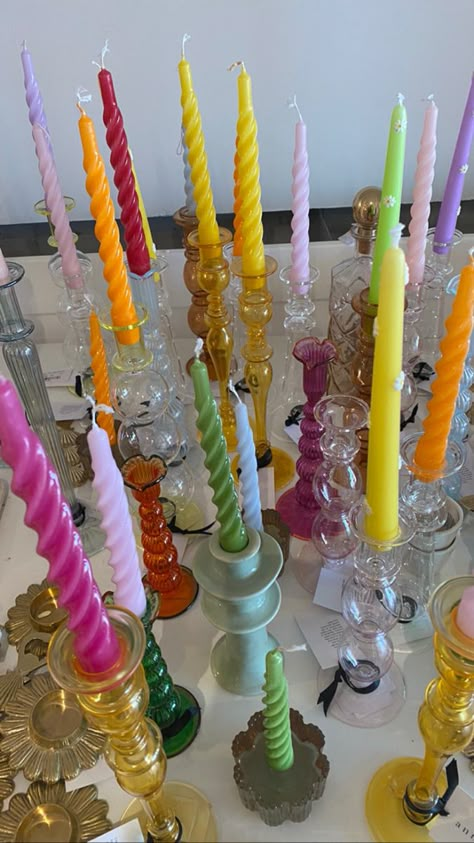 Candle Stick Bedroom, Rainbow Taper Candles, Colorful Candle Sticks, Colorful Candles Aesthetic, Colourful Candlesticks, Candle Stick Decor Ideas, Sorority House Decor, Midsommar Party, Color Drip Candles