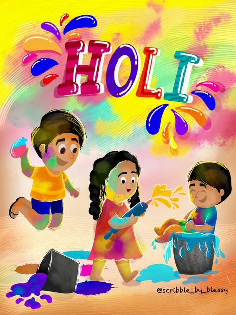 Holi Drawing Ideas, Holi Festival Drawing, Holi Illustration, Holi Illustration Art, Holi Celebration Ideas Kids, Holi Scene Drawing, Holi Painting, Holi Drawing, Happy Holi Picture