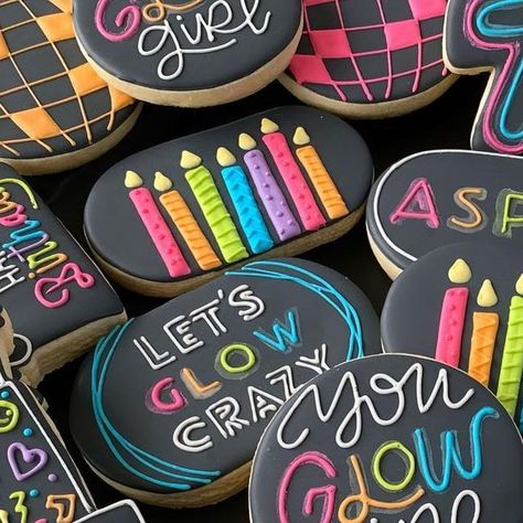 Esther C on Instagram: "Let’s glow crazy!  What a fun theme to decorate.   #glowcookies #letsglowcrazycookies #youglowgirl #letsglowcrazy #birthdaycookies  #cookies #cookiesofinstagram #cookiedecorating #cookieart #cookielove #sugarcookies #decoratedsugarcookies #celebratewithcookies #azcookies #casagrandecookies #casagrandecookier #cookiesofcasagrande #sweetlybakedforyou" Glow Cookies Decorated, Glow In The Dark Cookies Decorated, Glow Party Cookies Decorated, Glow Cookies, Neon Party Cookies Decorated, Glow In The Dark Cookies, Glow Party Cookies, Neon Party Cookies, Neon Birthday Cookies Decorated