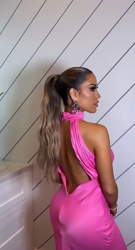 Long slick back hair Slick Ponytail Homecoming, Slicked Back High Ponytail Prom, Hoco Slick Ponytail, Slick Pony With Curls, Slick Ponytail Formal, Slicked Back Ponytail Curled, Prom Hairstyles Slick Back Ponytail, Slick Back Poney, Slick Pony Tailed Hairstyle