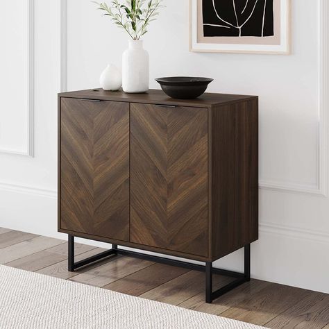 Amazon.com: Nathan James Enloe Modern Sideboard Buffet, 32 inch Storage Accent Cabinet with Doors in a Rustic Finish and Matte Metal Base for Hallway, Entryway, Kitchen or Living Room, Walnut/Black : Everything Else Oakland Apartment, Entryway Storage Cabinet, Modern Sideboard Buffet, Nathan James, Herringbone Wood, Accent Storage Cabinet, Modern Storage Cabinet, Cabinet With Doors, Accent Storage