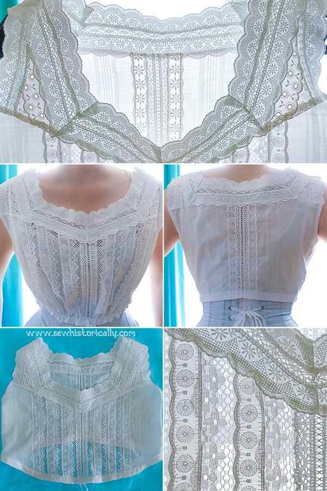 4 Edwardian Camisoles Made With Lace & Fabric Scraps - Sew Historically Victorian Clothing Patterns, Historic Sewing Patterns, How To Make Lace, Corset Cover Pattern, Edwardian Camisole, Edwardian Combinations, Edwardian Wardrobe, Camisole Sewing Pattern, Fabric Scrap Projects