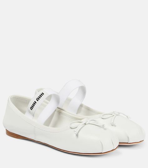 Logo Leather Ballet Flats in White - Miu Miu | Mytheresa Bride Flats, Miu Miu Flats, White Ballet Flats, Miu Miu Shoes, Goat Leather, Leather Ballet Flats, White Flats, Ballerina Flats, Miu Miu Ballet Flats