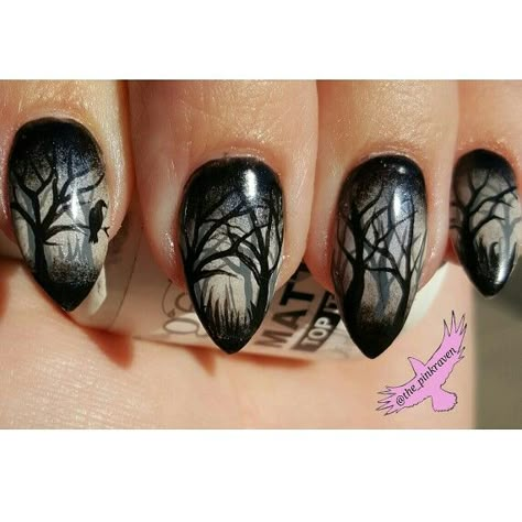 Dead tress haunted forest hand painted nail art crow raven black grey @the_pinkraven  @customs_by_christy Nails Design Black, Gothic Nail Art, Skull Nail Art, Nail Art Halloween, Skull Nails, Unghie Nail Art, Cute Halloween Nails, Tree Nails, Gothic Nails