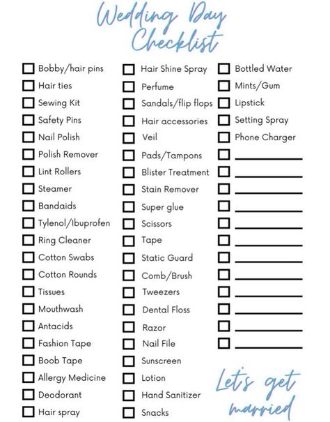 A checklist for everything you may need on the day of your wedding! You can never be too prepared for unexpected mishaps! This list will help you be more prepared and a less stressed bride. Bridesmaid Checklist For Wedding Day, Wedding Day Packing List, Backyard Wedding Checklist, Wedding Packing List, Bridesmaid Checklist, Wedding Todo List, Wedding List Checklist, Bride Checklist, Wedding Planning Checklist Detailed