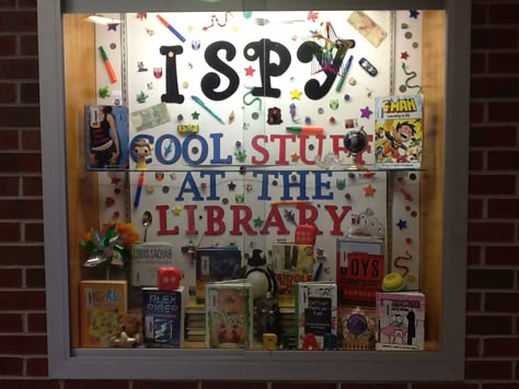 Finished I Spy display. I Spy Display Case, School Display Case Ideas, I Spy Bulletin Board, School Display Case, Display Case Ideas, Spy Ideas, Library Assistant, School Display, Room Parent