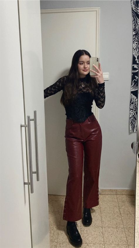 Wine Colour Outfits, Red Wine Aesthetic Outfit, Red Wine Pants Outfit, Wine Red Pants Outfit, Maroon 5 Concert Outfit Ideas, Wine Colored Outfits, Wine Red Outfit Ideas, Maroon Leather Pants Outfit, Black And Maroon Outfit