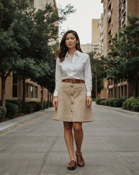 A-Line Skirt (Beige) + White Button-Down + Brown Loafers

#viral #outfit #outfitwoman #fashion #fashionstyle #fashionideas #fashionportrait #fashionforwomen #fashionandstyle #fashionoutfit #fashioncollection #fashionwomen #fashiononline #fashionclothing #fashionwomens #fashionfollow #fashionstories #fashionusa #foryou #usa #uk #canada #australia #love #ternding #followme #follow #likeforlike #viralpost #followforfollow Brown Button Skirt Outfit, Button Skirt Outfit, White Shirt Outfit, Outfit Brown, White Shirt Outfits, Brown Skirt, Button Skirt, Brown Loafers, Brown Skirts