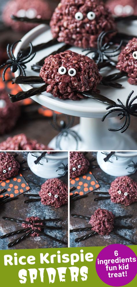 Celebrate Halloween with these easy & spooky spider rice krispie treats! Make your favorite rice krispie recipe into spiders by adding food coloring, licorice legs and candy eye balls. Kids will love to help make this no bake halloween treat. #halloweenricekrispie #ricekrispies #halloweenfood #ediblespiders Halloween Rice Krispies, Crispy Cakes, Halloween Rice Krispie Treats, Rice Krispies Recipe, Halloween Treats To Make, Pumpkin Sugar Cookies, Eye Balls, Swirl Cake, Halloween Treats Easy