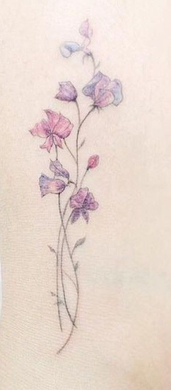 Sweet Pea  April Birth Flower Sweetpea Flower Tattoo, Sweat Pea Tattoo, Sweet Pea Tattoo, Name Flower Tattoo, Flower Vine Tattoos, Purple Tattoos, April Birth Flower, Cool Wrist Tattoos, Flower Wrist Tattoos