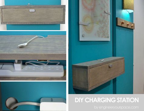 Wall Mounted Charging Station Shelf. I might try something like this using an existing vintage box? Charging Station Shelf, Phone Charging Stations, Phone Docking Station, Charger Station, Charging Stations, Phone Organization, Wall Mounted Tv, Diy Phone, Phone Charging