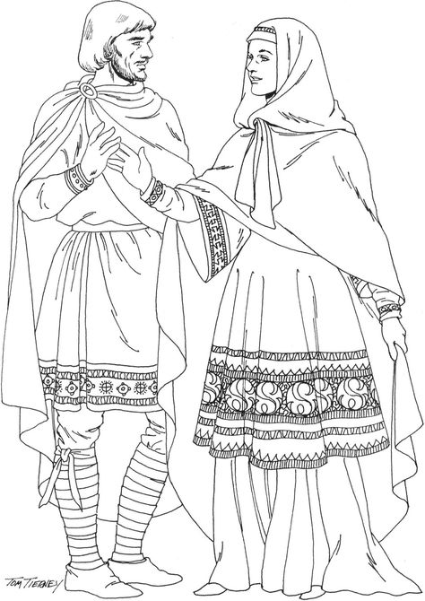 Anglo-Saxon nobleman is wearing an embroidered tunic/ bliaud over a chemise with embroidered sherte (the word shirt comes from it), a chemise type garment with sleeves, mantle, cross-gartered breeches. Right: noblewoman wears embroidered bliaud over chemise with cuffs. she wears mantle and headrail. fitted waist by lacings down the back. 11th C AD Anglo Saxon Art, Saxon Clothing, Anglo Saxon Clothing, Saxon History, Tom Tierney, Medieval Clothes, Medieval Woman, Word Shirts, Early Middle Ages