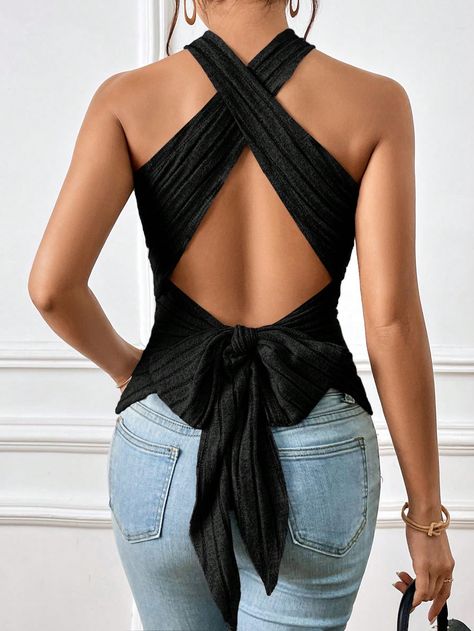 SHEIN Essnce Criss Cross Tie Backless Halter TopI discovered amazing products on SHEIN.com, come check them out! Tie Backless Halter Top, Backless Halter Top, Amazing Products, Halter Top, Criss Cross