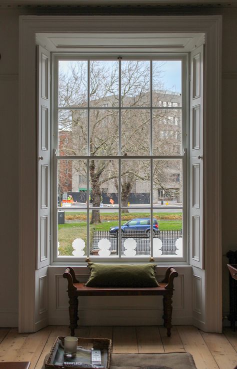 This magnificent 4 over 4 pane Georgian sash window is beautifully restored in our joinery in Meath and refitted in Dublin. Georgian Bay Window Exterior, Exterior Mood Board, Georgian Design, Georgian Windows, Sash Window, Fantasy Rooms, Window Replacement, Dolls House Interiors, Georgian Homes