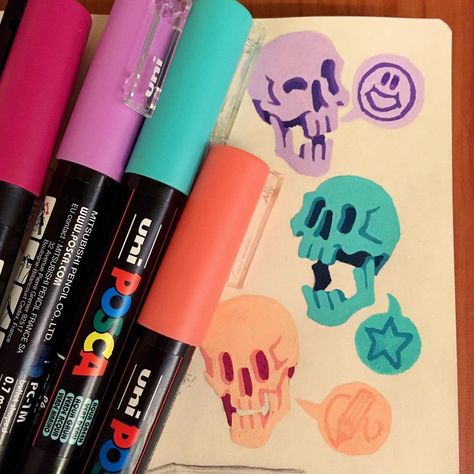 Heyo! Have some colourful bois!💜💚🧡💀 . Drawn with Posca paint pens . . #drawing #draw #doodle #sketchbook #paint #pens #posca #colourful… Simple Posca Pen Drawings, Posca Drawing Ideas, Pen Aesthetic, Posca Drawing, Posca Paint Pens, Neon Paint, Drawing Superheroes, Draw Doodle, Acrylic Markers