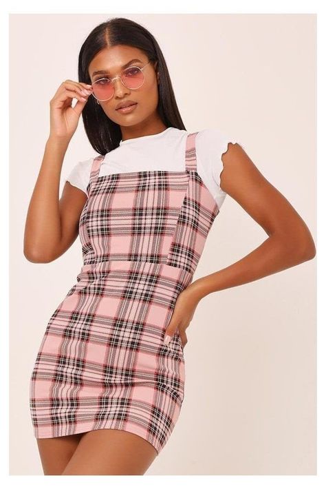 Checked Dress Outfit, Check Dresses For Women, Checkered Dress Outfit, Pinafore Dress Outfit, Check Pinafore Dress, Form Outfits, 6th Form, Pink Tartan, Sixth Form