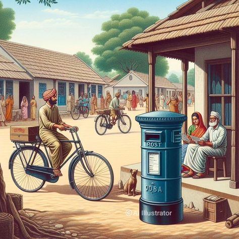 An Indian Village - Illustration !!! #illustration #Indian #village #old #nostalgia #postoffice #postman #retro #style #bicycle #posts #hashtag #instagood #instalike #instamood #instagram #calm #unique #ai_illustr8 #aiart #artworkbyai #concept Indian Village Illustration, Postman Drawing, Postman Illustration, Village Illustration, Illustration Indian, Figure Sketches, Human Figure Sketches, Birthday Card Drawing, Indian Village