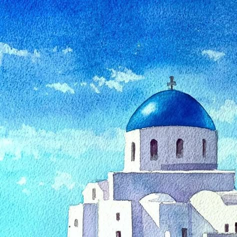 Greece Art, Greece Santorini, Santorini Island, Greece Vacation, Watercolor Sketch, Watercolor Drawing, Painting Photos, Greece Travel, Easy Paintings