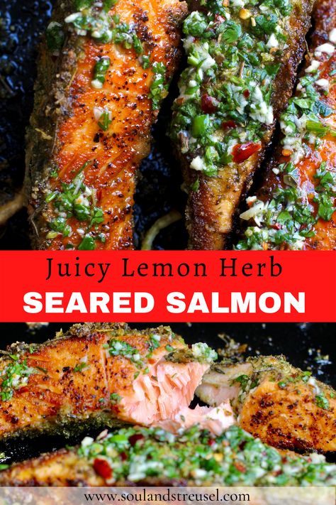 Lemon And Herb Salmon, Herbed Salmon Recipes, Herb Salmon Recipes, Salmon With Salsa, Lemon Herb Salmon, Pescatarian Dishes, Herb Crusted Salmon, Herb Salmon, Homemade Salsa Verde