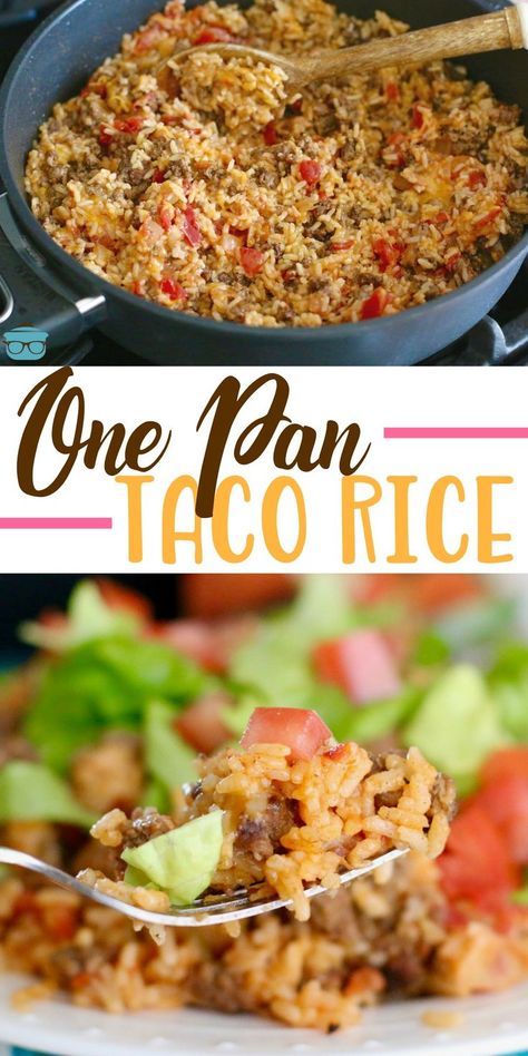 One Pan Taco Rice Dinner recipe is a whole meal in one. Ground beef, taco seasoning, salsa, rice and cheese. A family favorite meal! #tacorice #maindish #sidedish Salsa Rice, Beef Taco Seasoning, Ground Beef Taco Seasoning, Ground Beef Taco, Taco Rice, Beef Taco, Rice Recipes For Dinner, Rice Side Dishes, Rice Dinner