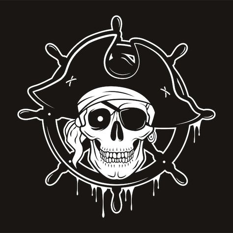 Pirate emblem with steering wheel and sk... | Premium Vector #Freepik #vector #pirate-logo #pirate-skull #skull-crossbones #skull-bones Skull Cartoon, Pirate Flag, Skull Hat, Tattoo Style Drawings, Skull Logo, Pirate Skull, Eye Patch, Vector Hand, Add Ons