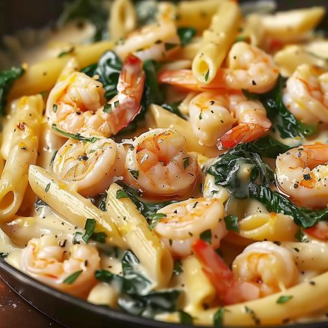 Quick and easy Cheese Shrimp Penne Pasta with Spinach—creamy, flavorful, and perfect for a weeknight dinner. Ready in 30 minutes! Spicy Creamy Shrimp Pasta, Penne Shrimp Pasta, Pasta With Spinach Recipes, Shrimp Penne Pasta Recipes, Shrimp Alfredo With Spinach, Cheese Shrimp Penne Pasta, Shrimp And Spinach Pasta, Easy Penne Pasta Recipes, Pasta And Spinach