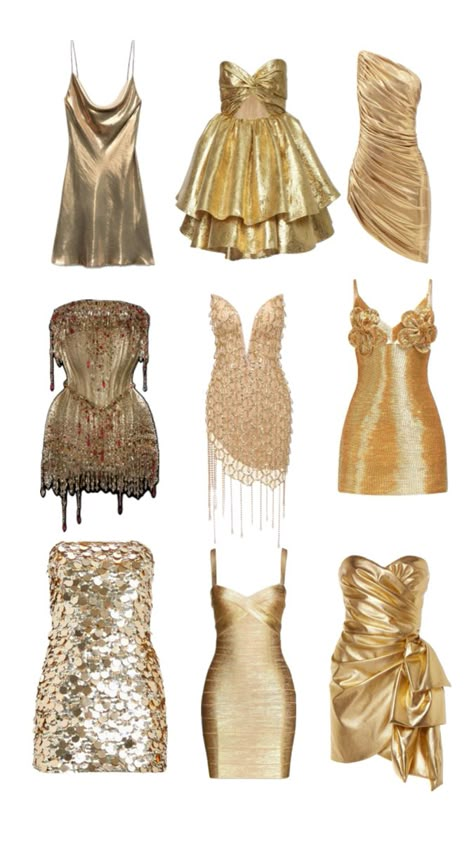 Gold Themed Party Outfit, Gold Prom Dresses Short, Saltburn Aesthetic Outfit Party, Gold Bday Dress, Golden Dress Short, Golden Dress Outfit, Birthday Dress Gold, Gossip Girl Birthday, Dinner Party Outfit